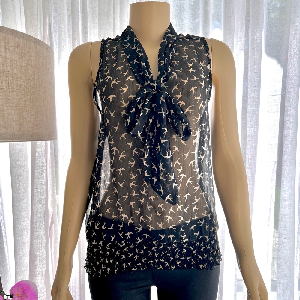 Myth NYC Sheer Black Sleeveless Blouse Front Tie Size M Medium Birds